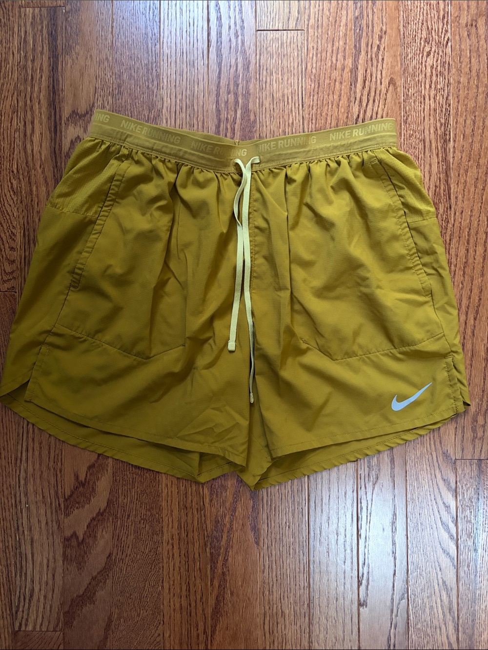 Nike Men's Athletic Shorts in Mustard Yellow with Light Yellow Drawcord